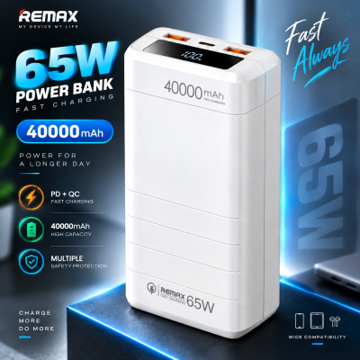 Remax RPP-310 Dinba Series 40000mAh 65W Fast Charging Power Bank (White) – PD & QC Support, Li-Polymer Battery, Type-C Two-Way Fast Charge & Digital Display